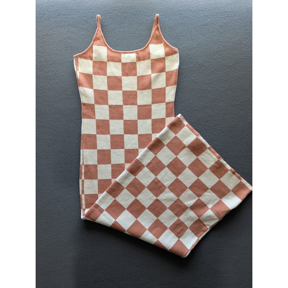Women’s M Rust Cream Checkerboard Knit Maxi Dress Adjustable Straps Y2K